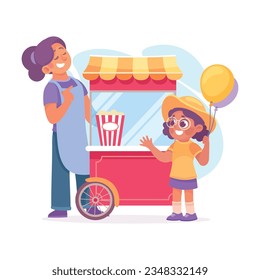 Entertainment with Little Girl at Popcorn Stall with Balloons in Amusement Park Vector Illustration