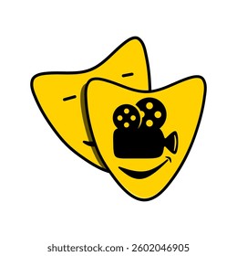 Entertainment Logo featuring yellow theater masks and a movie camera, perfect for film and drama branding, vector design.