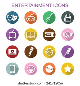 entertainment long shadow icons, flat vector symbols