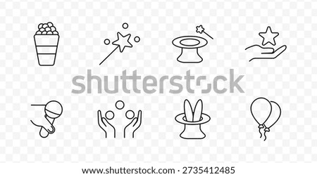 Entertainment and magic set icon. Popcorn bucket, magic wand, hat, hand with star, mic, juggling, rabbit hat, balloons in playful performance line style.