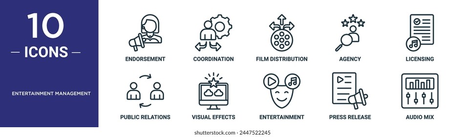 el conjunto de iconos de esquema de gestión del entretenimiento incluye respaldo de línea fina, coordinación, distribución de películas, agencia, obtención de licencias, relaciones públicas, iconos de efectos visuales para informes, presentaciones,