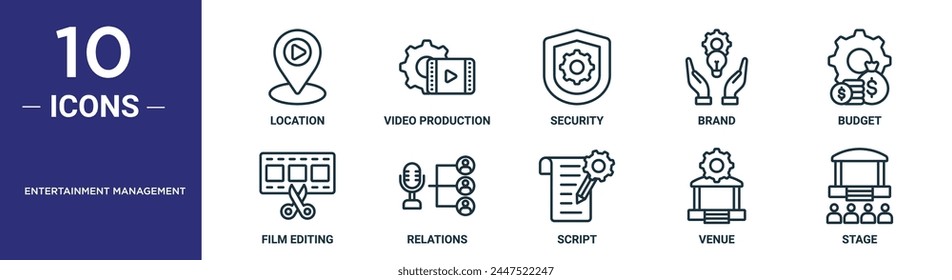 entertainment management outline icon set includes thin line location, video production, security, brand, budget, film editing, relations icons for report, presentation, diagram, web design