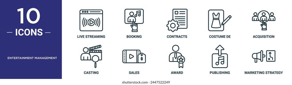 entertainment management outline icon set includes thin line live streaming, booking, contracts, costume de, acquisition, casting, sales icons for report, presentation, diagram, web design