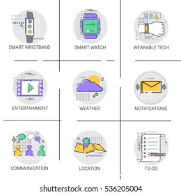 Entertainment Media Application Communication Network Modern Smart Watch Icon Set Vector Illustration