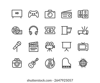 Entertainment and Media Icons Collection: Vector Set for Gaming, Music, Film, Photography, TV, Radio, and More - Perfect for Web and Graphic Design