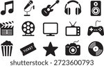 Entertainment and Media Icons Set Featuring Music, Film, Gaming, Photography, Audio Devices, Popcorn and Ticket Symbols