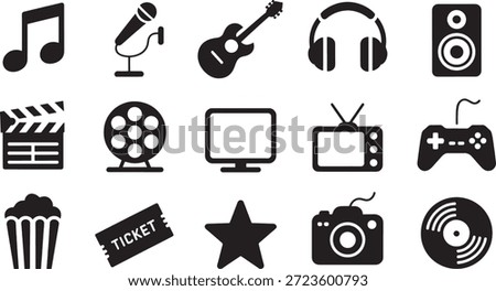 Entertainment and Media Icons Set Featuring Music, Film, Gaming, Photography, Audio Devices, Popcorn and Ticket Symbols