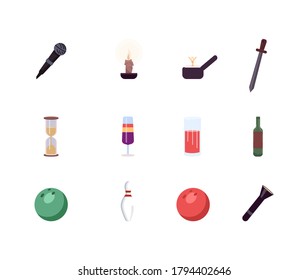 Entertainment miscellaneous flat color vector object set. Engagement ring. Puc alcohol. Leisure activity attributes isolated cartoon illustration for web graphic design and animation collection