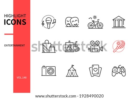 Entertainment - modern line design style icons set. Leisure and hobby concept. Music, theater, bicycle, museum, shopping, painting, cinema, sport, photography, circus, playing cards, video games