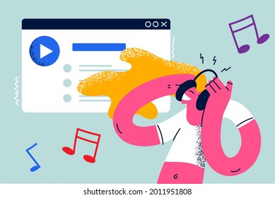 Entertainment, modern technologies, music concept. Smiling positive woman cartoon character standing listening to music in headphones in special app on phone vector illustration