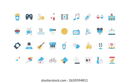 Entertainment, music and cinema, amusement park with carousel, karaoke and bike ride color icon set. Movie and theatre tickets, poker and wine, bowling, TV and video games flat vector illustration