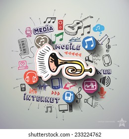Entertainment and music collage with icons background. Vector illustration