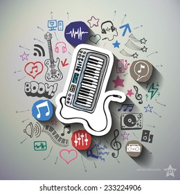 Entertainment and music collage with icons background. Vector illustration