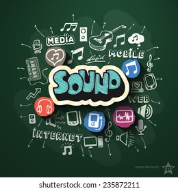 Entertainment and music collage with icons on blackboard. Vector illustration