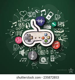 Entertainment and music collage with icons on blackboard. Vector illustration