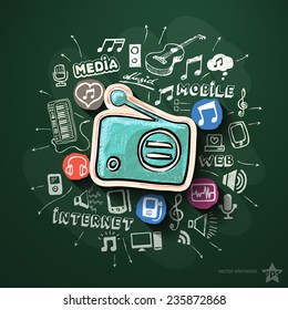Entertainment and music collage with icons on blackboard. Vector illustration