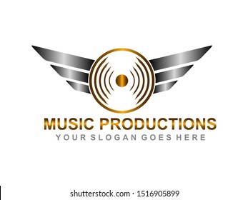 entertainment and music production company logo, deejay logo vector. music logo with elements of the disc, wings and headphones