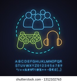 Entertainment neon light concept icon. Leisure with friends idea. Playing videogames, listening to music. Glowing sign with alphabet, numbers and symbols. Vector isolated illustration