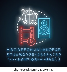 Entertainment neon light concept icon. Mass media company idea. Show business. Leisure and pastime. Amusement industry. Glowing sign with alphabet, numbers and symbols. Vector isolated illustration