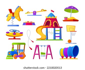 Entertainment on the playground - flat design style object set. High quality images of rocking horse, seesaw, sandbox, carousel, swing, basketball hoop and jump rope. Happy childhood idea