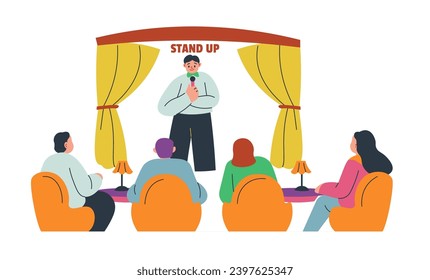 Entertainment on weekend, funny activities and rest for friends. Audience listening to standup comedian telling jokes, pub or bar with tables and ability to order food and drinks. Vector in flat style