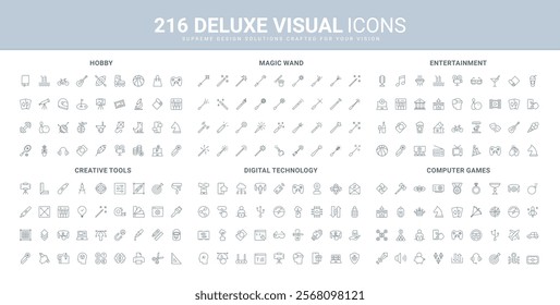 Entertainment, outdoor and indoor hobby activity and video game line icon set. Creative art tool, software and equipment for artist and designer thin black outline symbols vector illustration