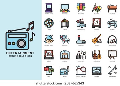 Entertainment outline color icons set. contain billiards, casino, circus,  music note, radio, movie, orchestra, cinema, guitar and more. use for modern concept, web and app development. Vector EPS 10