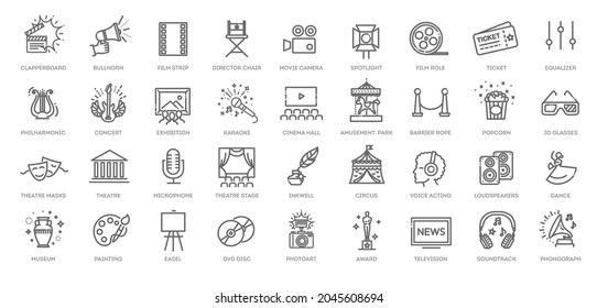 Entretenimiento: colección de iconos web de esquema, vector, colección de iconos de línea delgada