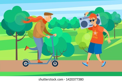 Entertainment in park active lifestyle vector, pensioner listening to music stylish elderly person with scarf and cap riding scooter outdoors hipsters