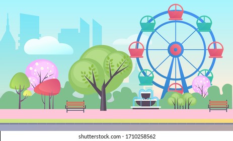 Entertainment park in big city cartoon flat landscape background vector illustration concept. Blue sky, many trees, ferris wheel with colored cabs, cascade fountain, wooden benches, without people