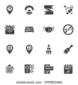 Entertainment party vector icons set, modern solid symbol collection, filled style pictogram pack. Signs, logo illustration. Set includes icons as face mask, party invitation, disco ball, champagne