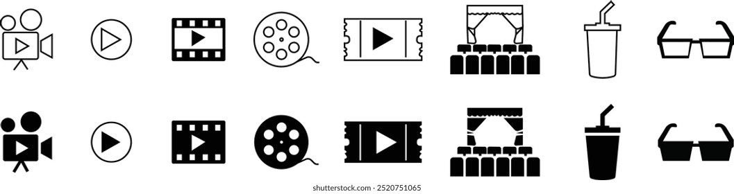 Conjunto de ícones de vetor de entretenimento e desempenho. O cinema e o cinema simbolizam objetos da indústria cinematográfica. Grande rolo de filme. Abrir clapper board. isolado no fundo transparente, usado para aplicativo móvel, web ou ui.