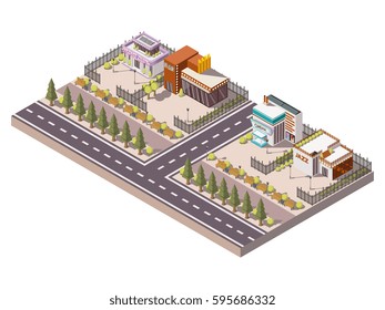 Entertainment places isometric composition with night club and cinema  vector illustration