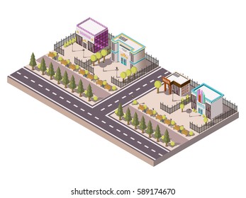 Entertainment places isometric concept with showroom theater and bar vector illustration