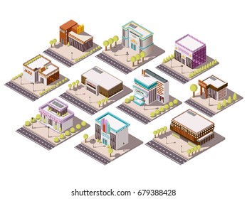 Entertainment places isometric set with theatre and cinema isolated vector illustration