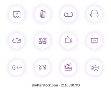entertainment purple color outline vector icons on light round buttons with purple shadow. entertainment icon set for web, mobile apps, ui design and print