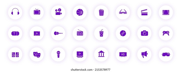 entertainment purple color silhouette icons on light round buttons with purple shadow. entertainment vector icon set for web, mobile apps, ui design and print
