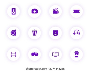 entertainment purple color vector icons on light round buttons with purple shadow. entertainment icon set for web, mobile apps, ui design and print