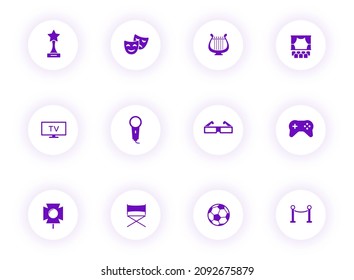 entertainment purple color vector icons on light round buttons with purple shadow. entertainment icon set for web, mobile apps, ui design and print