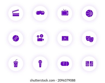 entertainment purple color vector icons on light round buttons with purple shadow. entertainment icon set for web, mobile apps, ui design and print