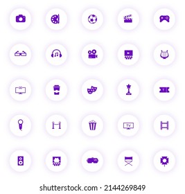 entertainment purple color vector icons on light round buttons with purple shadow. entertainment icon set for web, mobile apps, ui design and print
