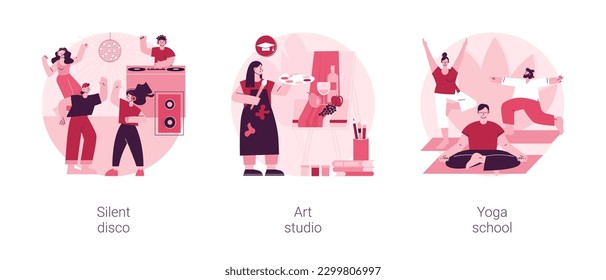 Entertainment and recreation abstract concept vector illustration set. Silent disco, art studio, yoga school, DJ set, headphones party, painting lesson, meditation practice abstract metaphor.