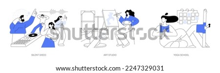Entertainment and recreation abstract concept vector illustration set. Silent disco, art studio, yoga school, DJ set, headphones party, painting lesson, meditation practice abstract metaphor.