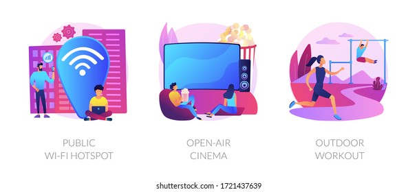 Entertainment and recreation flat icons set. Outside pastime, active lifestyle. Public wi-fi hotspot, open-air cinema, outdoor workout metaphors. Vector isolated concept metaphor illustrations.
