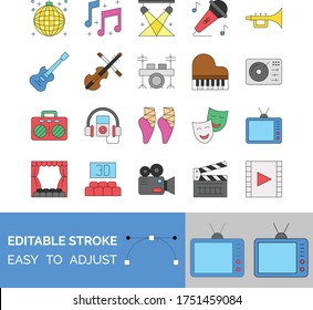 Entertainment Related Guitar, Piano, Radio, Headphones, Dance Foot, Face Mask, Television, Director, Video Player, Cinema, Theater, Drummer, Song Player, And Video Camera, Vectors With Editable Stroke