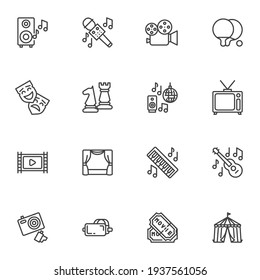 Entertainment Related Line Icons Set, Party Outline Vector Symbol Collection, Linear Style Pictogram Pack. Signs, Logo Illustration. Set Includes Icons As Music Speaker, Karaoke Microphone, Theatre