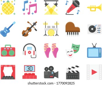 Entertainment Related Mic, Trumpet, Drummer, Guitar, Piano, Video Camera, Masks, Television, Cinema Screen, Radio, Video Player, Cinema Lights, And Headphones Vectors Illustration In Flat Style