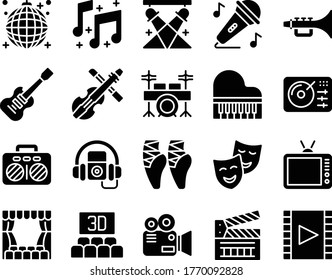 Entertainment Related Mic, Trumpet, Drummer, Guitar, Piano, Video Camera, Masks, Television, Cinema Screen, Radio, Video Player, Cinema Lights, And Headphones Vectors Illustration In Solid Design