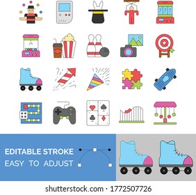 entertainment related skating shoes, skating board, confetti, game board, puzzles piece, arrow board, firecrackers, magic hat, video game, snake game, popcorn, and camera vectors with editable stroke,