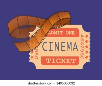 Entertainment and relaxation at cinema hall vector, ticket with text and shot, tape with record. Admission access to watch movie, piece of paper set